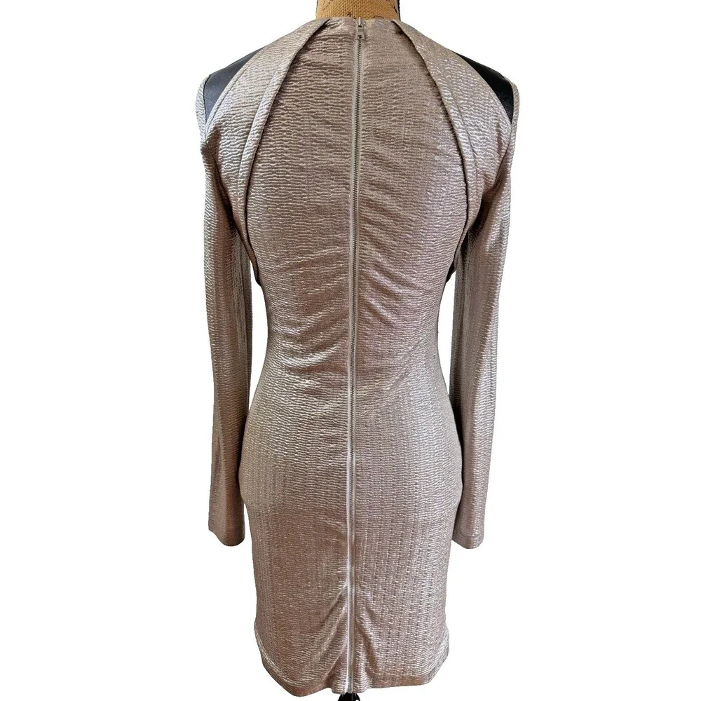 Cut25 Yigal Azrouël Gold Metallic Textured Dress Lambskin Trim Long Sleeve S